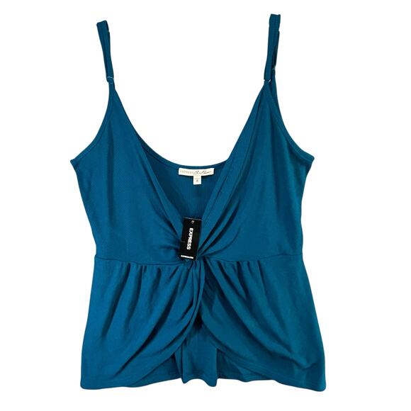 Express One Eleven Cami Tank Top Womens M Teal Blue Ribbed Twist Front Babydoll - Picture 2 of 15